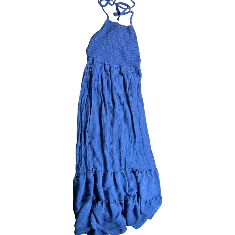 Aura Blue Smocked Halter Maxi Dress Women's Large Ruffle Hem Boho